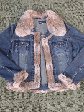 La Fiorentina Denim Fur Jacket Rabbit Fur Trim And Collar Dark Wash